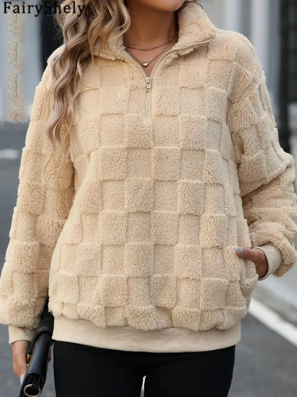 Fairyshely 2025 Autunno Collo alto Donna Felpe con cappuccio Inverno Manica lunga Cerniera Felpa calda Casual Lady Allentato Peluche Pullover Top 2