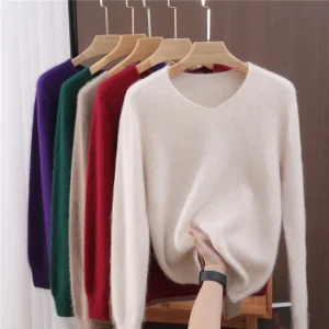 Autunno Inverno Visone Cashmere Donna Maglione Con Scollo A V Pullover Moda Basic Morbido Abbigliamento Caldo 100% Visone Cashmere Maglieria Magliette E Camicette 1