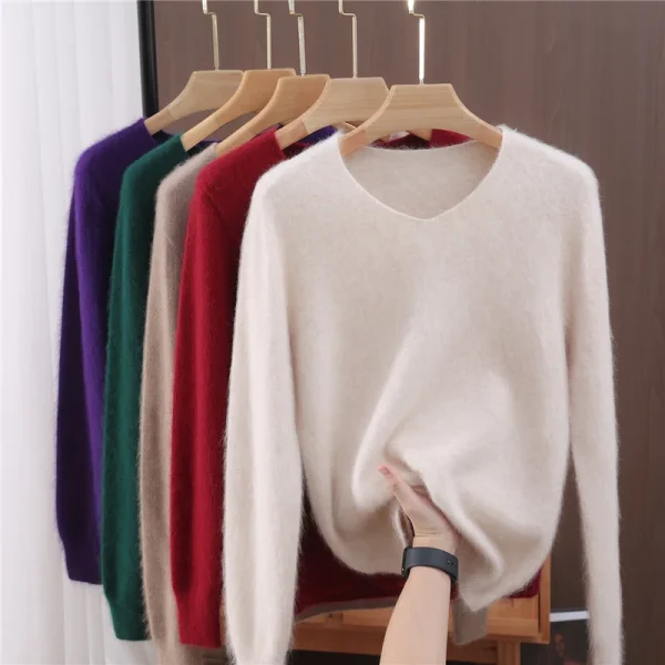Autunno Inverno Visone Cashmere Donna Maglione Con Scollo A V Pullover Moda Basic Morbido Abbigliamento Caldo 100% Visone Cashmere Maglieria Magliette E Camicette 1