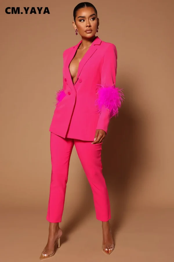 CM.YAYA Vintage Women Fur Hem manica lunga Blazer Suit and Pants 2023 Chic OL Fashion due 2 pezzi Set outfit tuta Basic 3