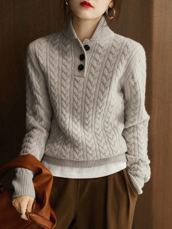 Pullover lavorato a maglia Top maglione, colletto rialzato, risvolto semiaperto, trama intrecciata, puro Cashmere, Baseball, elegante 6