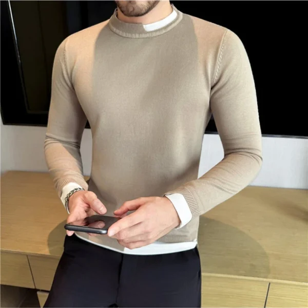2025 Autunno Inverno Falso Due Maglioni a maniche lunghe Splicing Fondo lavorato a maglia Maglione Moda Casual Business Maglione Abbigliamento uomo 6