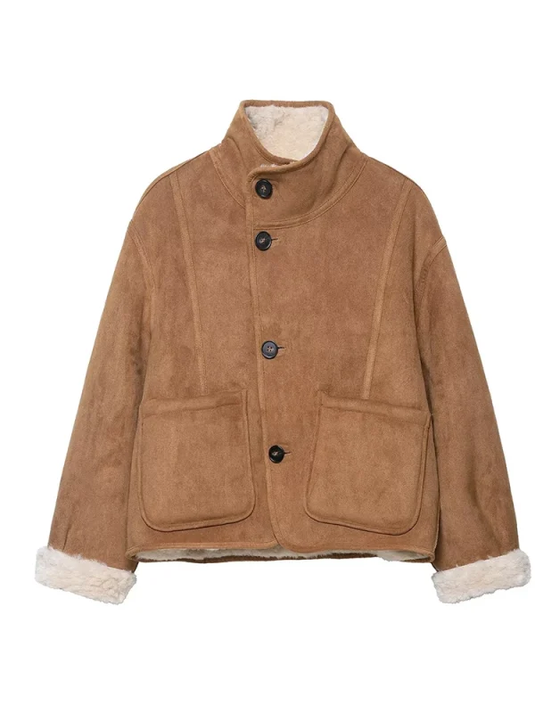 Giacca in pelle scamosciata da donna 2025 Moda autunno inverno Cappotti corti double face Giacche con bottoni a maniche lunghe Cappotto da donna per il tempo libero da strada 6