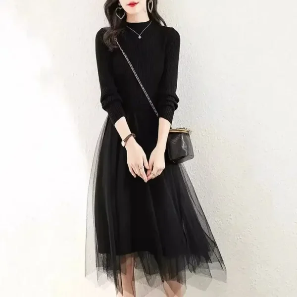 Autunno Inverno Abito lavorato a maglia nero Maglia con giunture Cappotto a maniche lunghe di media lunghezza Gonna base Collo alto a metà Lunghezza intera Orig cinese 4