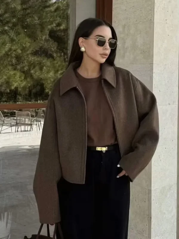 HH Giacca di lana con cerniera marrone moda per donna Cappotti corti a maniche lunghe con risvolto elegante Capispalla vintage da donna autunnale 1