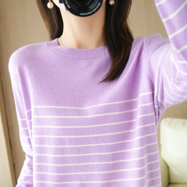 Maglione lavorato a maglia in cotone 100% maglione da donna a righe abbinate ai colori girocollo di grandi dimensioni temperamento allentato manica lunga fondo 6