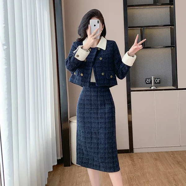 Autunno e inverno nuovo risvolto abbinato al colore Tweed giacca da donna Socialite All-match elegante cappotto Top gonna Set di due pezzi 2