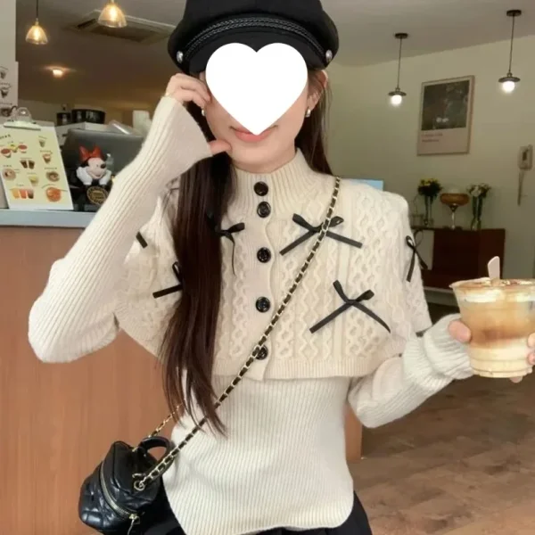 Set maglione lavorato a maglia alla moda collo mezzo alto senza maniche top fondo outfit inverno nuovo arrivo morbido stile delicato 3