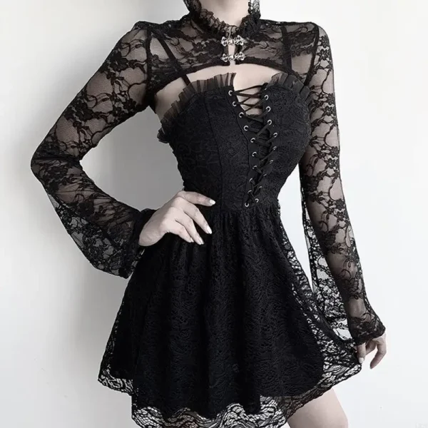 L93f Women Women Fleeve Vintage Long Slee Bolero Stand Collar Floral Lace Grolla 4