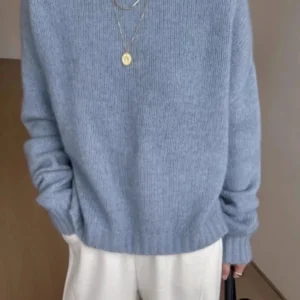 Maglione da donna in puro cashmere con collo rotondo in colore abbinato, maglione corto con base in lana lavorata a maglia ispessita e ampia autunno e inverno 1