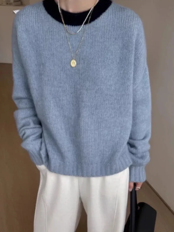 Maglione da donna in puro cashmere con collo rotondo in colore abbinato, maglione corto con base in lana lavorata a maglia ispessita e ampia autunno e inverno 1