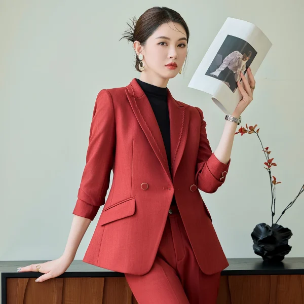 NAVIU Abito da ufficio slim fit giallo per donna Elegante casual a maniche lunghe di fascia alta con bottone singolo Blazer Set formale in due pezzi 6