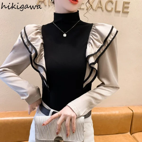 Colore a contrasto Donna T-shirt Dolcevita a maniche lunghe Slim Fit Tees Coreano Camisetas Moda Ruffles Y2k Tshirt 2025 Ropa Mujer 6