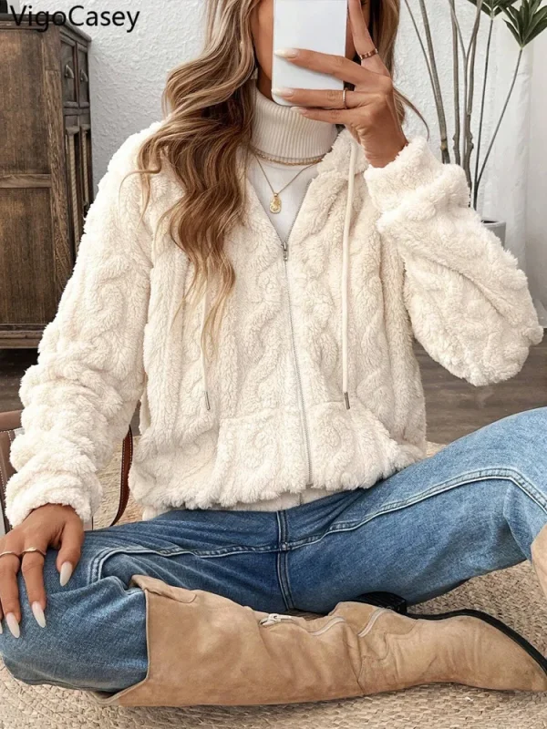 VigoCasey 2025 Giacca da donna autunno bianco con cerniera Cappotto caldo in peluche spesso a maniche lunghe bianco Cappotto invernale morbido da donna corto con cappuccio 2
