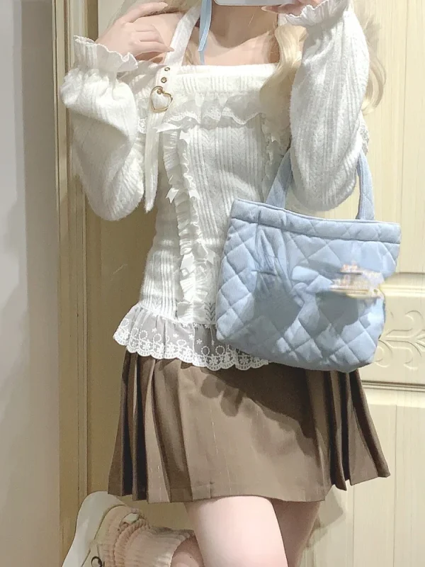 Lolita Maglione con spalle scoperte Donna 2025 Kawaii Patchwork di pizzo Y2k Estetico giapponese Bottoming Crop Top Pullover Maglieria 4
