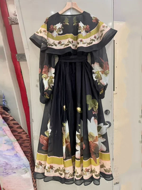 VGH Abiti stile mantella stampati vintage eleganti per donna Scollo a V Manica a lanterna Vita alta Patchwork Abito con fiocco Abiti femminili 4