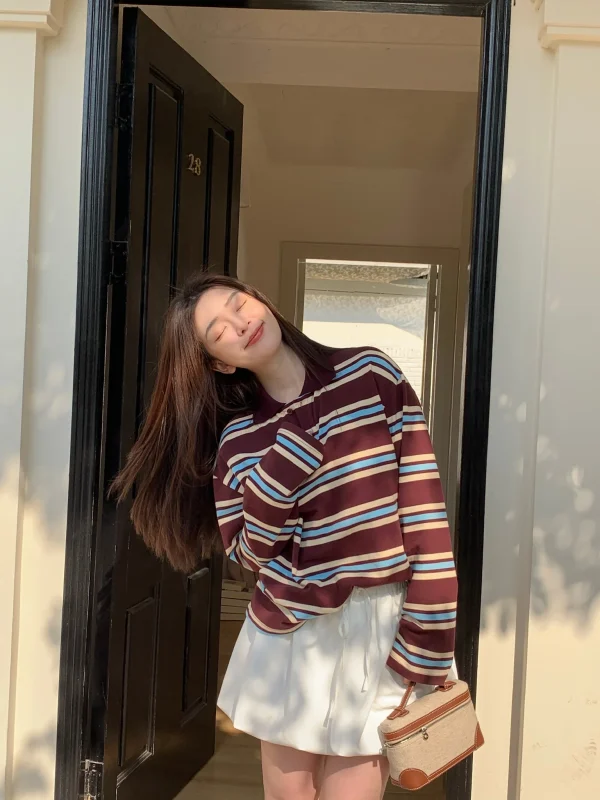 Polo estive Donna Manica lunga Crop Top Color Block Polo con stampa a righe verdi Mujer Top casual a righe Marrone Autunno 2