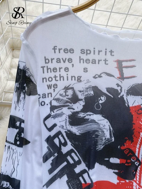 SINGREINY Ins Moda Streetwear Magliette e camicette Lettera Pittura Stampa Americana Retro T-Shirt Delle Donne 2024 Autunno Nuovo Sottile Causale Nozioni di Base Magliette e camicette 3