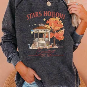 Stelle Hollow Fashion Autunno Garden Stampa Felpa da donna Manica lunga Spalla raglan Top casual Abbigliamento da donna per l'autunno e l'inverno 1