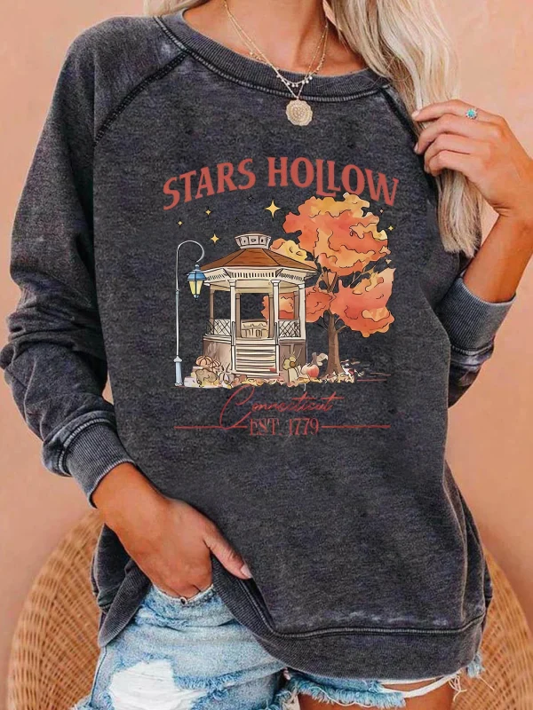 Stelle Hollow Fashion Autunno Garden Stampa Felpa da donna Manica lunga Spalla raglan Top casual Abbigliamento da donna per l'autunno e l'inverno 1