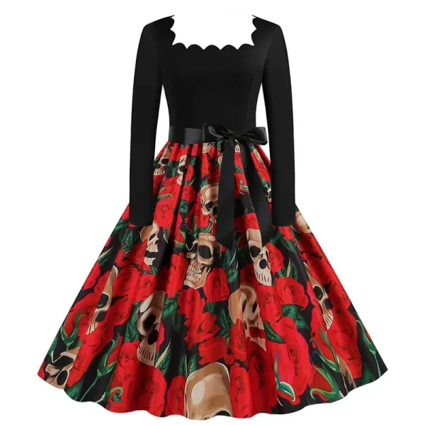 Abito di Halloween per donna colletto quadrato manica lunga stampa vintage festa da sera elegante autunno inverno vestito estivo midi 3