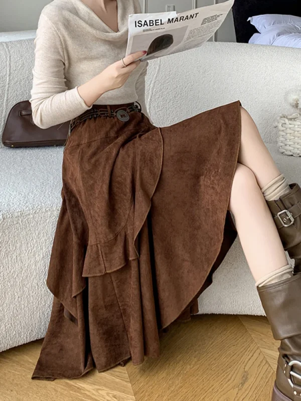Gonna longuette in pelle scamosciata asimmetrica retrò americana per donna Gonne a trapezio retrò autunno inverno stile bohemien vintage da donna 3