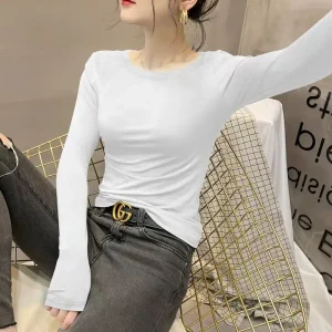 Nuovo stile di fondo Autunno e inverno Colletto semi-alto elastico sottile per donna Top versatile a maniche lunghe 1