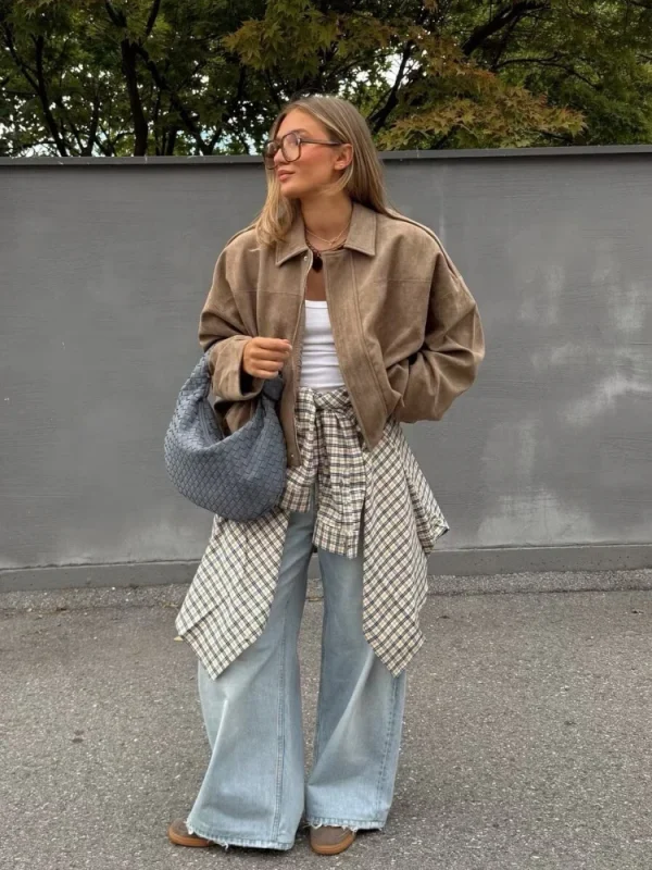 Giacca invernale in pelle scamosciata allentata kaki moda donna casual colletto rovesciato zip-up cappotto spesso 2025 nuove donne capispalla streetwear 4