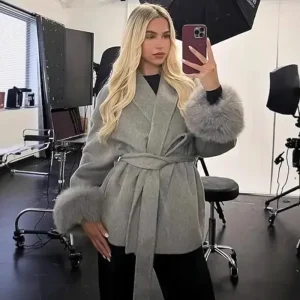 2025 Cappotto in peluche con risvolto chic con cintura Donna Vintage Manica in pelliccia sintetica Tweed Cappotti aperti Donna Autunno Inverno Casual Capispalla da strada 1