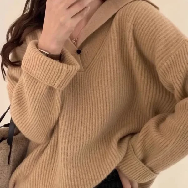 2025 Maglione lavorato a maglia strutturato con colletto blu scuro alla moda da donna Top casual pullover morbido e caldo stile pigro invernale 3