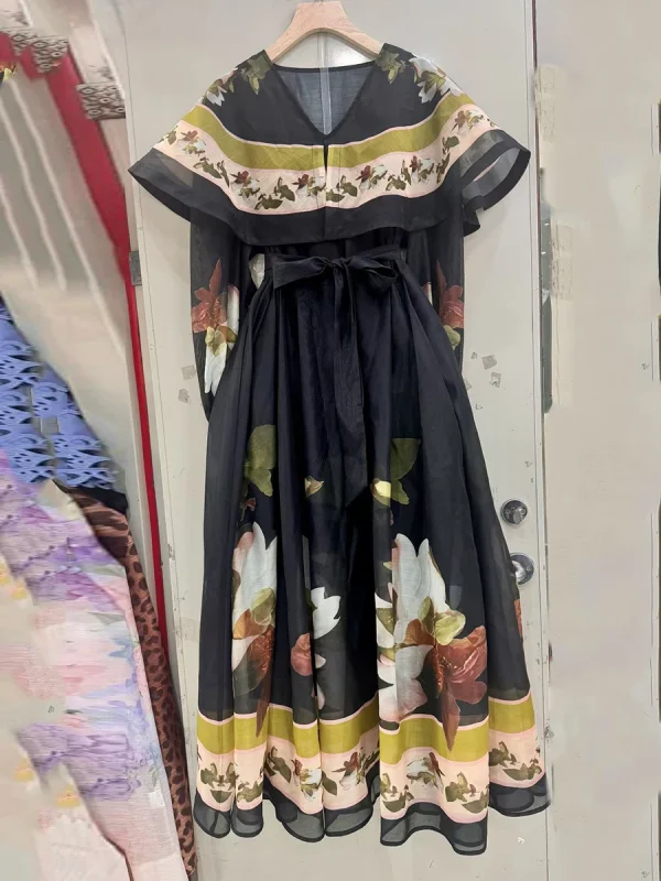 VGH Abiti stile mantella stampati vintage eleganti per donna Scollo a V Manica a lanterna Vita alta Patchwork Abito con fiocco Abiti femminili 3