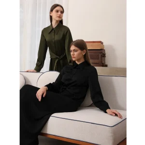 Abito lungo con colletto AP 25 AW da donna Nuovo abito in raso nero e oliva Cintura in vita Abiti eleganti 1