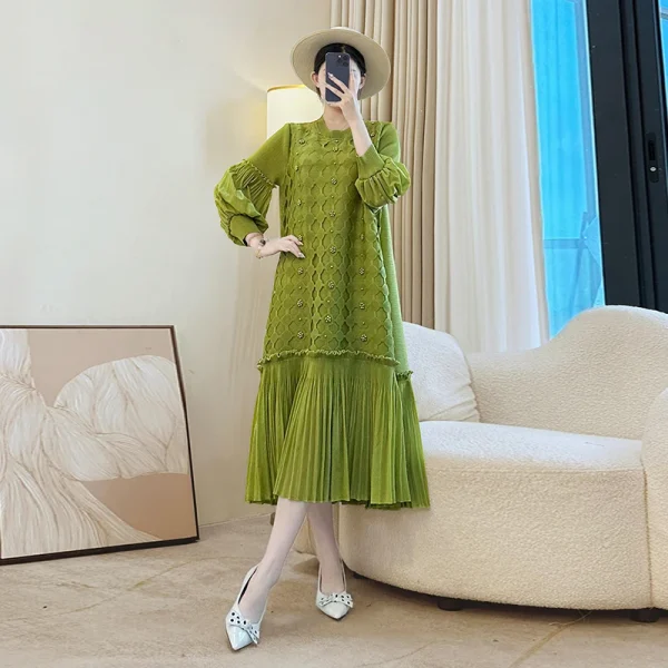 LANMREM Nicchia Perline Design Abito da donna a pieghe larghe Colletto tondo Manica a lanterna Scava fuori Patchwork Famale Abbigliamento DB5110 5