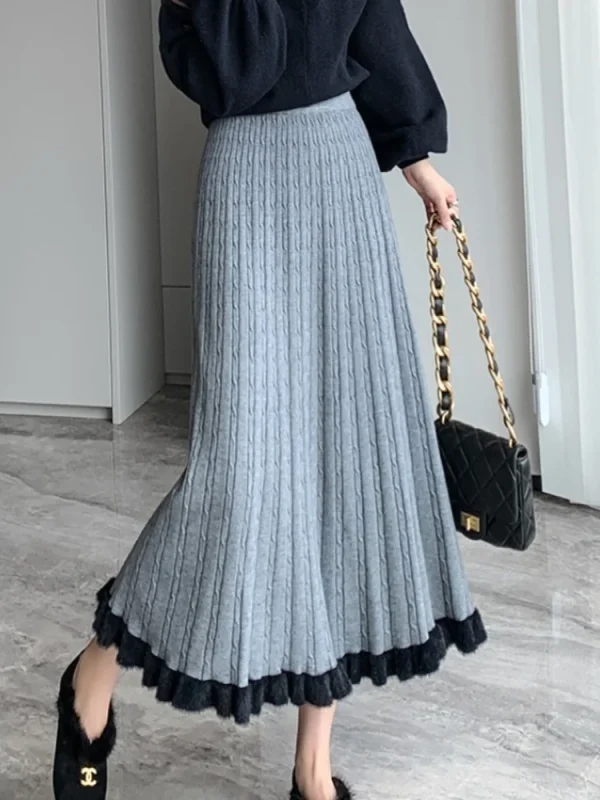 SMTHMA Gonna in pelliccia di visone per donna 2025 Nuovo autunno inverno Gonna elastica a vita alta lavorata a maglia Gonna a pieghe con volant medio da donna 4