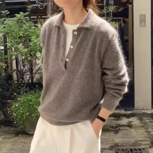 Autunno Inverno Nuovo Maglione delle Donne 100% Lana Merino Lavorato A Maglia Colletto POLO Pullover Casual Camicia A Maniche Lunghe Abbigliamento Donna Magliette E Camicette 1