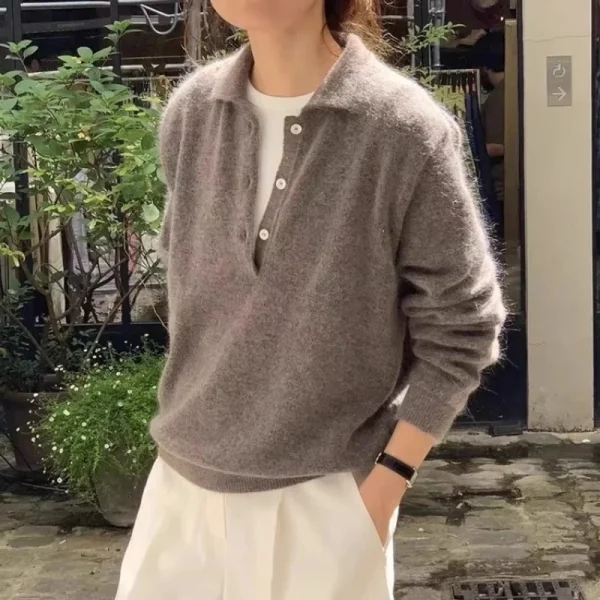 Autunno Inverno Nuovo Maglione delle Donne 100% Lana Merino Lavorato A Maglia Colletto POLO Pullover Casual Camicia A Maniche Lunghe Abbigliamento Donna Magliette E Camicette 1