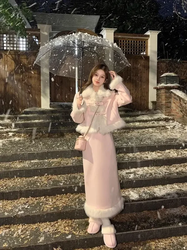 Lussuoso cappotto a maniche lunghe con pelliccia e gonna longuette Set per donna Office Lady 2023 Autunno/Inverno Moda di alta qualità 5