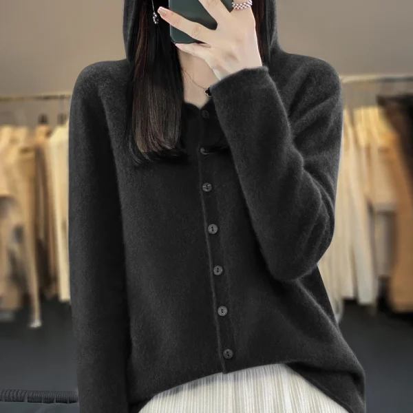 Cardigan lavorato a maglia in lana merino 100% prima linea Felpa con cappuccio autunno e inverno da donna Maglione allentato Cappotto versatile alla moda Top YC014 5