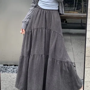 Qiukichonson Gonna lunga maxi grigia Donna 2024 Moda coreana Autunno Inverno Casual Gonne a pieghe con volant a vita alta 90 cm Rok 1