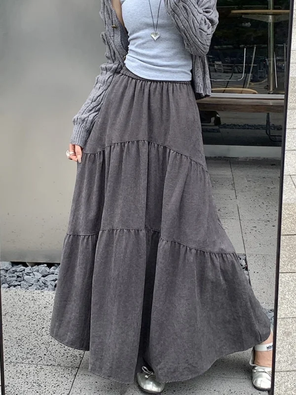 Qiukichonson Gonna lunga maxi grigia Donna 2024 Moda coreana Autunno Inverno Casual Gonne a pieghe con volant a vita alta 90 cm Rok 1