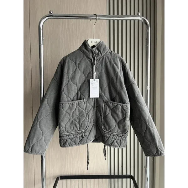ZW Giacca in cotone da donna 2025 Nuovo arrivo Vintage Lenzing Rayon Collo alto Tasca grande Cappotto trapuntato decorativo per le donne 1