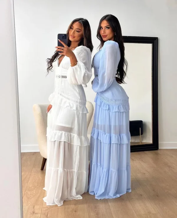 Abito lungo vintage vuoto Abiti da donna con scollo a V di lusso Abiti da sera chic per invitati a un matrimonio Damigella d'onore Boho Party Estate Verde Blu Nuovo 5
