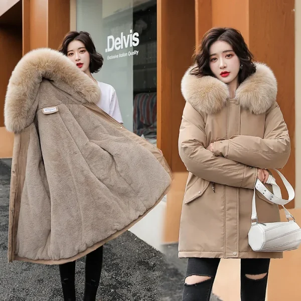 Parka da donna moda cappotto lungo fodera in lana Parka con cappuccio 2025 nuova giacca invernale sottile con collo in pelliccia abbigliamento da neve caldo imbottito 4