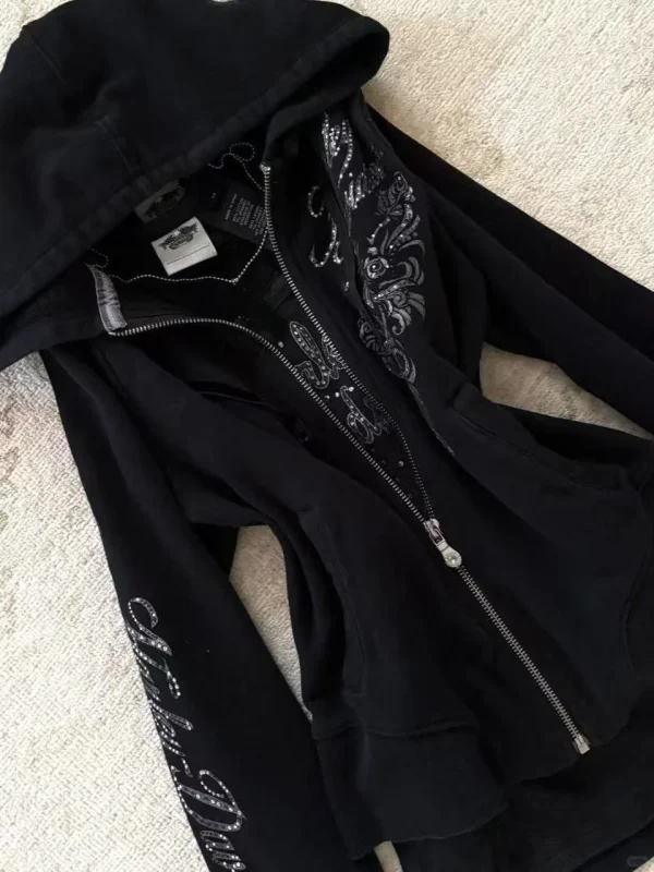 Y2K Felpa con coulisse design gotico con cerniera nera Giacca da donna Cappotto Harajuku Lettera Grafica Felpa con cappuccio sottile sexy Abbigliamento autunnale 4