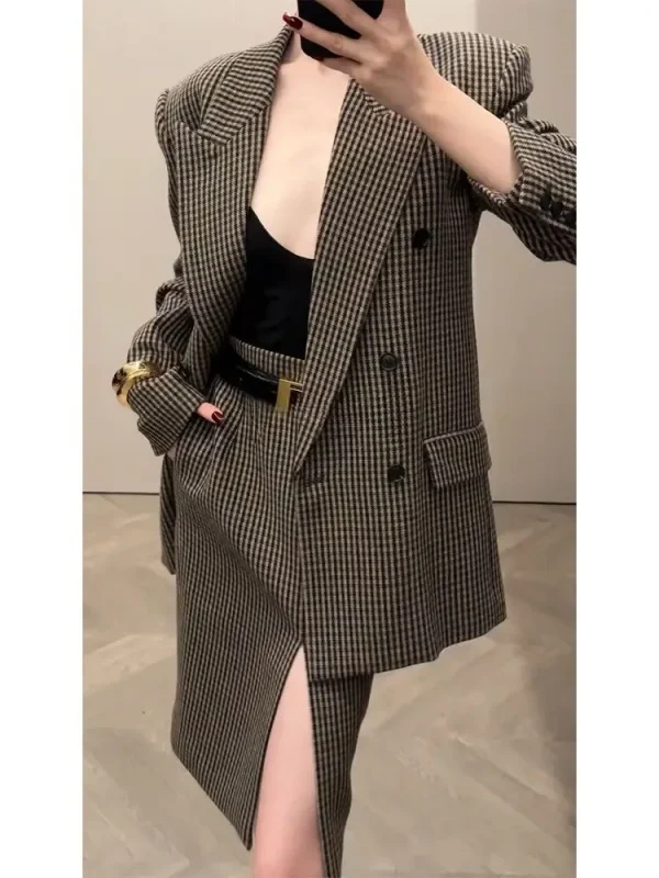 ​ ​ Completo da donna scozzese retrò francese con gonna Abbigliamento da ufficio in due pezzi Abito elegante professionale giovanile autunno inverno ​ ​ 1