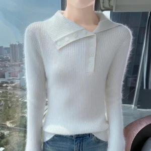 Maglione lavorato a maglia pullover in cashmere visone con colletto e bottoni dal design alla moda per le donne nell'inverno 2025, maglione slim fit e caldo 1