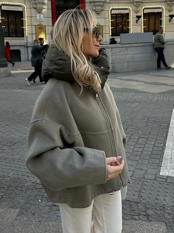 Giacca di lana con cappuccio Cappotto Tasca grande Bottone in metallo Pendolarismo Cappotto corto da donna Capispalla in colore a contrasto Camicetta casual ampia 6