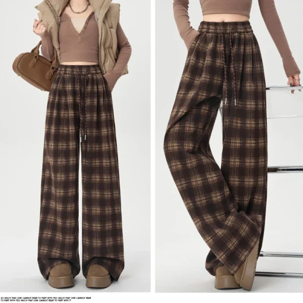 Pantaloni scozzesi di lana di alta qualità per le donne Autunno Inverno Pantaloni casual a gamba larga retrò Pantaloni streetwear in pile hip pop femminile 2025 4