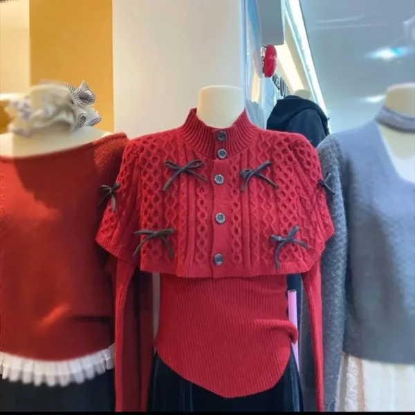 Set maglione lavorato a maglia alla moda collo mezzo alto senza maniche top fondo outfit inverno nuovo arrivo morbido stile delicato 4