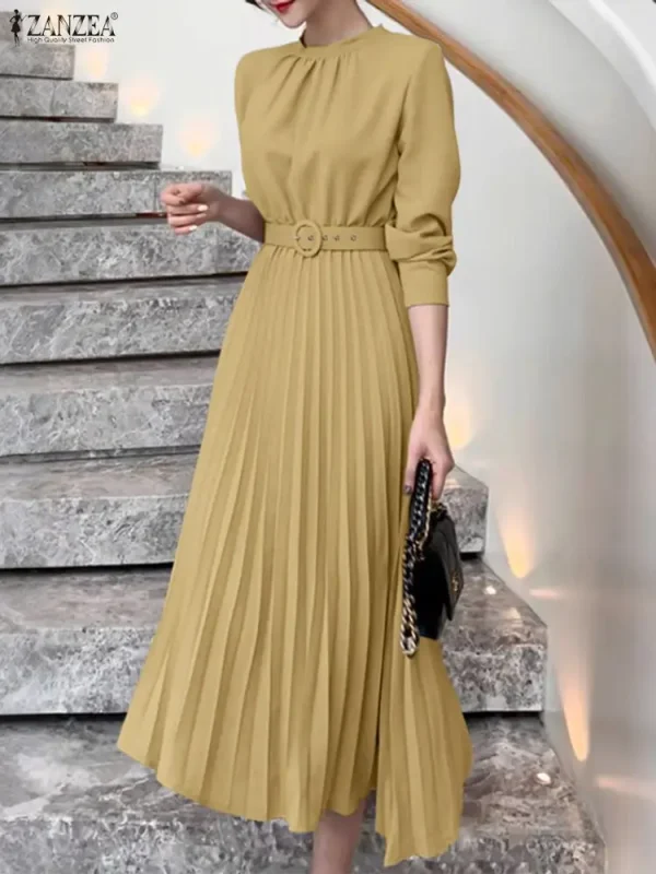 Elegante autunno abito a linea ZANZEA abiti da donna da ufficio 2025 elegante O collo manica lunga lavoro Midi Vestido vestito estivo a pieghe solido 2